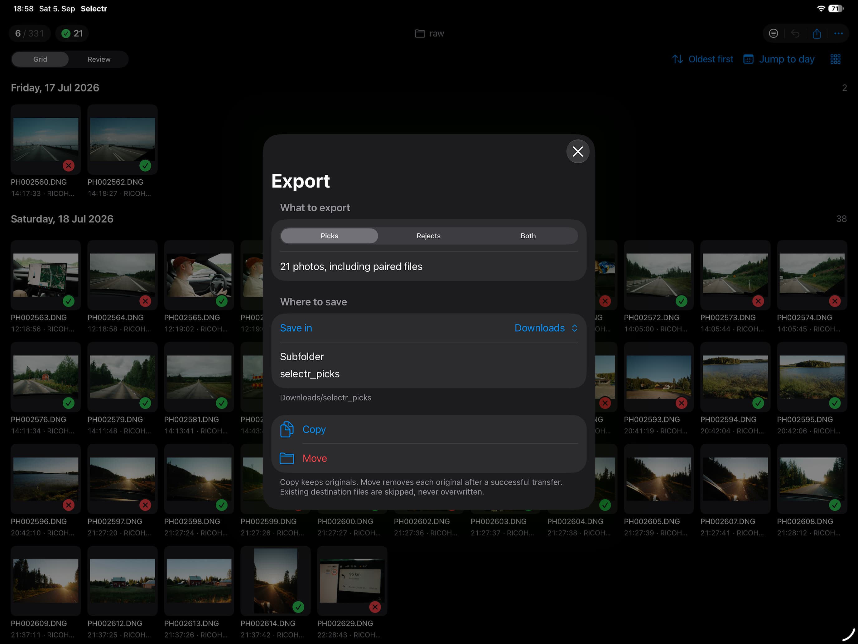 Selectr’s export sheet with Picks, Rejects, and Both options, a destination folder, and separate Copy and Move actions